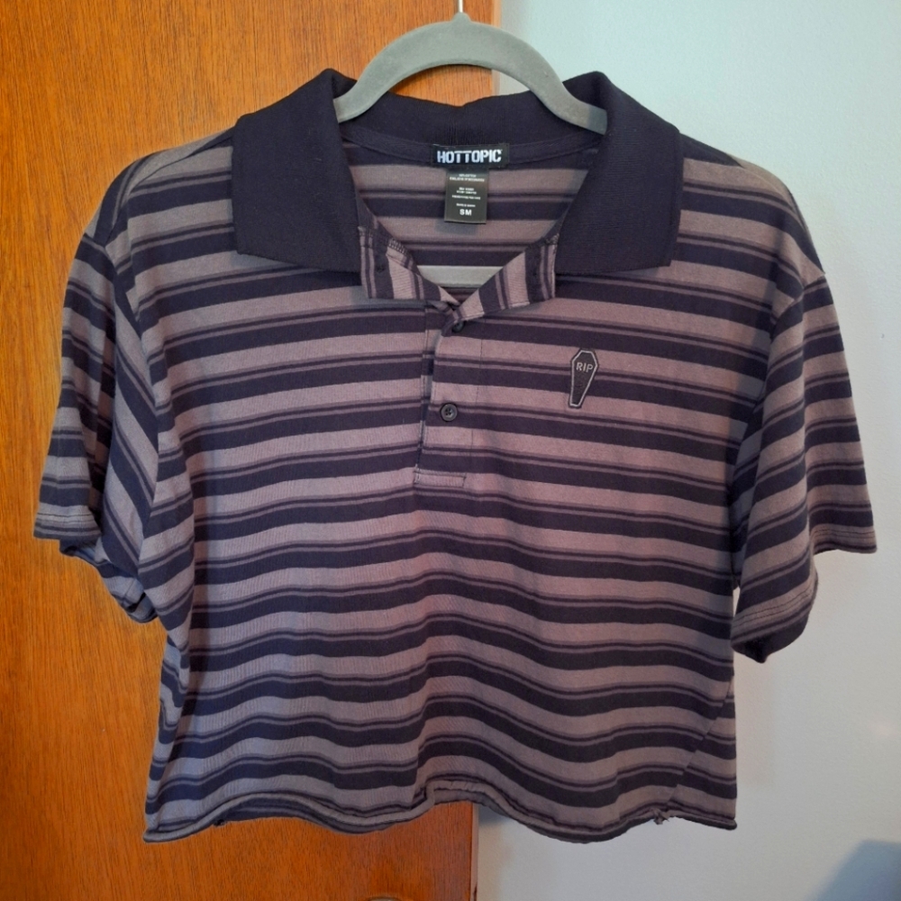Final Price** Hot Topic Black and Brown Striped Cropped Polo W/ Coffin Symbol